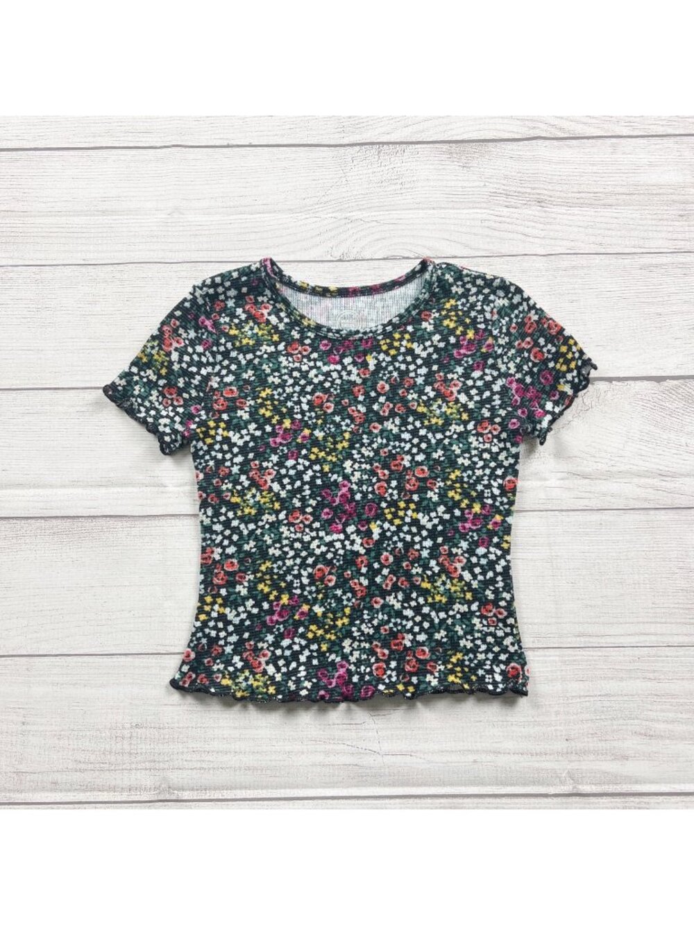 Wonder Nation Girls Floral Print Ribbed Short Sleeve Top S 6-6X